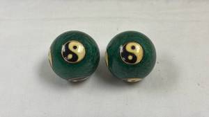 lot 160 image: Pair of Green Baoding Balls with Yin Yang Symbol & Internal Chimes