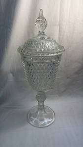 lot 196 image: Footed Glass Candy Dish with Lid - Diamond Cut Pattern