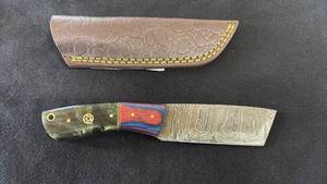 lot 4 image: Damascus Fixed Blade Knife Red and Green Handle with Sheath