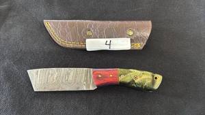 Damascus Fixed Blade Knife Red and Green Handle with Sheath