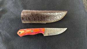 lot 6 image: Custom Fixed Blade Knife Damascus Steel Orange Red Handle with Sheath