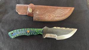 lot 11 image: Fixed Blade Knife Green Blue Handle with Leather Sheath