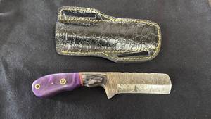 lot 13 image: Fixed Blade Knife Damascus Steel Purple Handle with Leather Sheath