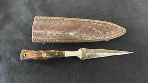 lot 14 image: Fixed Blade Knife with Decorative Handle and Leather Sheath