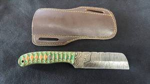 lot 15 image: Damascus Blade Knife Green and Gold Handle with Leather Sheath