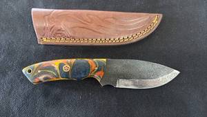 lot 20 image: Fixed Blade Knife Multicolor Handle with Leather Sheath