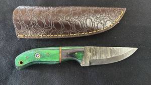 lot 21 image: Fixed Blade Knife Damascus Steel Green Handle with Sheath
