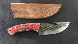 lot 23 image: Fixed Blade Knife Red Handle with Leather Sheath