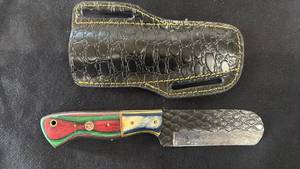 lot 26 image: Knife with Crocodile Pattern Blade and Multicolor Handle with Sheath