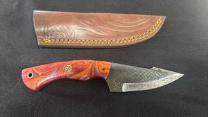 lot 32 image: Custom Knife with Red Orange Handle and Sheath