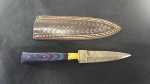 lot 36 image: Fixed Blade Knife Damascus Steel Blade Purple Handle with Sheath