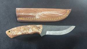 lot 37 image: Fixed Blade Knife with Leather Sheath and Decorative Handle