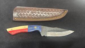 lot 38 image: Fixed Blade Knife Damascus Steel Red Yellow Handle with Leather Sheath