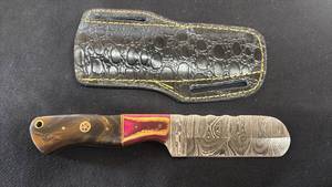 lot 41 image: Fixed Blade Knife Damascus Steel with Brown Handle and Sheath