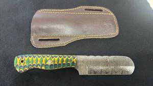 lot 44 image: Damascus Steel Blade Knife with Colorful Handle and Leather Sheath