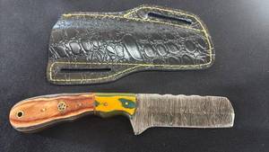 lot 50 image: Damascus Steel Blade Knife with Wood Handle and Crocodile Sheath