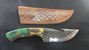 lot 52 image: Fixed Blade Knife with Green Handle and Leather Sheath