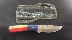 lot 54 image: Fixed Blade Knife Damascus Steel Red White Blue Handle with Sheath