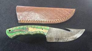lot 56 image: Custom Knife with Damascus Blade and Green Laminate Handle w Leather Sheath