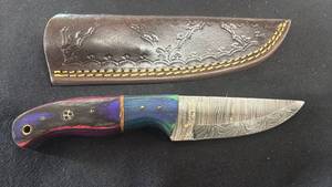 lot 57 image: Damascus Fixed Blade Knife with Leather Sheath