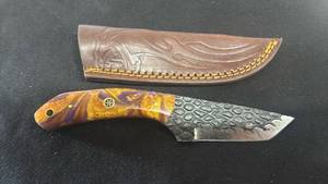 lot 58 image: Custom Fixed Blade Knife with Leather Sheath and Purple Resin Handle