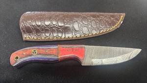 lot 61 image: Fixed Blade Knife Damascus Steel Red Orange Handle with Leather Sheath