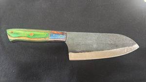 lot 68 image: Kitchen Knife Santoku Style Blade Green and Blue Wood Handle