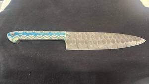 lot 70 image: Damascus Chef Knife Blue Yellow Handle