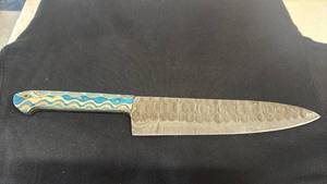 lot 74 image: Chef Knife Damascus Pattern Blade Blue Gold Handle
