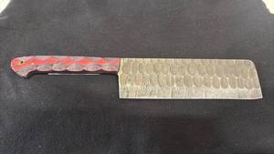 lot 76 image: Cleaver Knife with Red Handle and Patterned Blade