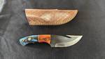 Fixed Blade Knife with Blue and Orange Handle and Leather Sheath