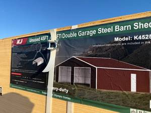 lot 8005 image: Unused KJ Metal 45x25ft Steel Barn Shed (K4525G)