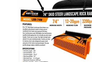 lot 8512 image: Unused Arteer 74 in Skid Steer Landscape Rock Rake (LRR-74W)