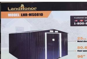 lot 8117 image: Unused Landhonor 8ft x 10ft Galvanized Apex Roof Metal Shed (LHR-MS0810)