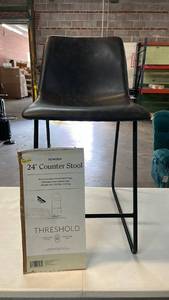 lot 8018 image: Bowden 24 Counter Stool Dark Gray Faux Leather Seat Black Metal Legs