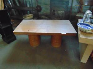 lot 3114 image: MCM Table - Rattan type Base - Oak Top