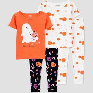 lot 12007 image: Carters Just One You� Toddler Girls 4pc Cotton Short Sleeve Ghost Halloween Pajama Set - OrangeWhiteBlack 3T - Retail $16