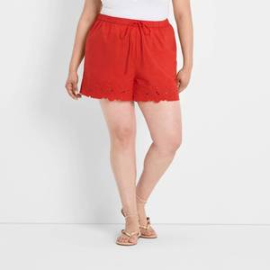 lot 12013 image: Womens High-Rise Eyelet Hem Poplin Pull-On Shorts - Future Collective Red 3X - Retail $30
