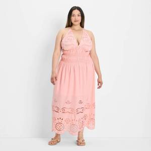 lot 12065 image: Womens Eyelet Maxi A-Line Dress - Future Collective Light Pink 1X - Retail $48