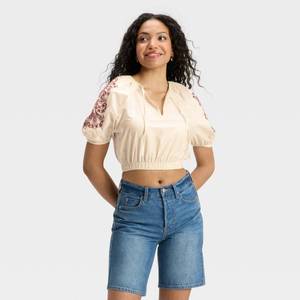 lot 12079 image: Womens Balloon Elbow Sleeve Eyelet Blouse - Universal Thread Cream Floral S - Retail $25