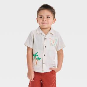 lot 12278 image: Toddler Boys Embroidered Tropical T-Shirt - Cat & Jack Cream 12M Bird Pattern, Button Down - Retail $12