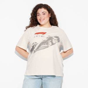 lot 12345 image: Womens F1 Racing Short Sleeve Graphic T-Shirt - Ivory 2X Formula 1 Licensed, Cotton-Polyester Blend, Crew Neck, Plus Size - Retail $13