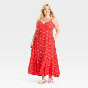 lot 12398 image: Womens Open Back Maxi Dress - A New Day RedWhite Fish 2X - Retail $35