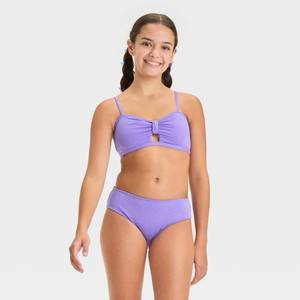 lot 12418 image: Girls Seaside Shine Solid Bikini Set - art class Purple XS UPF 50, Adjustable Strap, Removable Cup, 4-Way Stretch - Retail $17