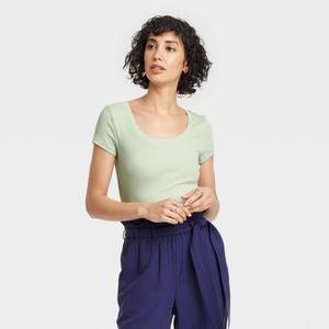 lot 18055 image: Womens Slim Fit Short Sleeve Ribbed Scoopneck T-Shirt - A New Day Light Green S Knit Pullover, Below Waist - Retail $8