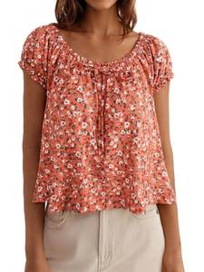 lot 18103 image: Loemes Babydoll Tops for Women Trendy Summer Spring Cute Resort Cowgirl Short Puff Sleeve Peasant Flowy Blouse 2026 Orange Size Large  - Retail $20