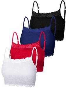 lot 18106 image: Boao 4 Pieces Womens Lace Camisole Stretch Half Cami Breathable Bra Comfort Lace Bralette Top for lady Girls(Large,Black, Bright Red, Navy Blue, White) - Retail $20