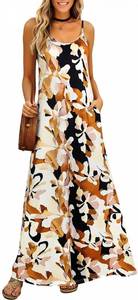 lot 18114 image: Supnier Maxi Dress Summer Casual Loose Sleeveless Plain Beach Floor Length Floral Dress with Pockets(XL,TaupeBlack) - Retail $33