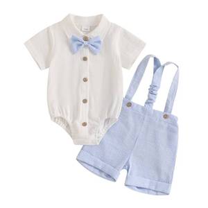 lot 18116 image: Vicaankue Newbron Baby Boy Summer Outfit Cotton Linen Button Short Sleeve Bowtie Shirt Romper Suspender Shorts Set (Sky Blue, 0-3 Months) - Retail $17