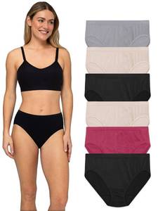 lot 18118 image: Fruit of the Loom womens Seamless Panties Briefs, Hi Cut - Assorted Colors, 8 US, (Pack of 6) - Retail $15